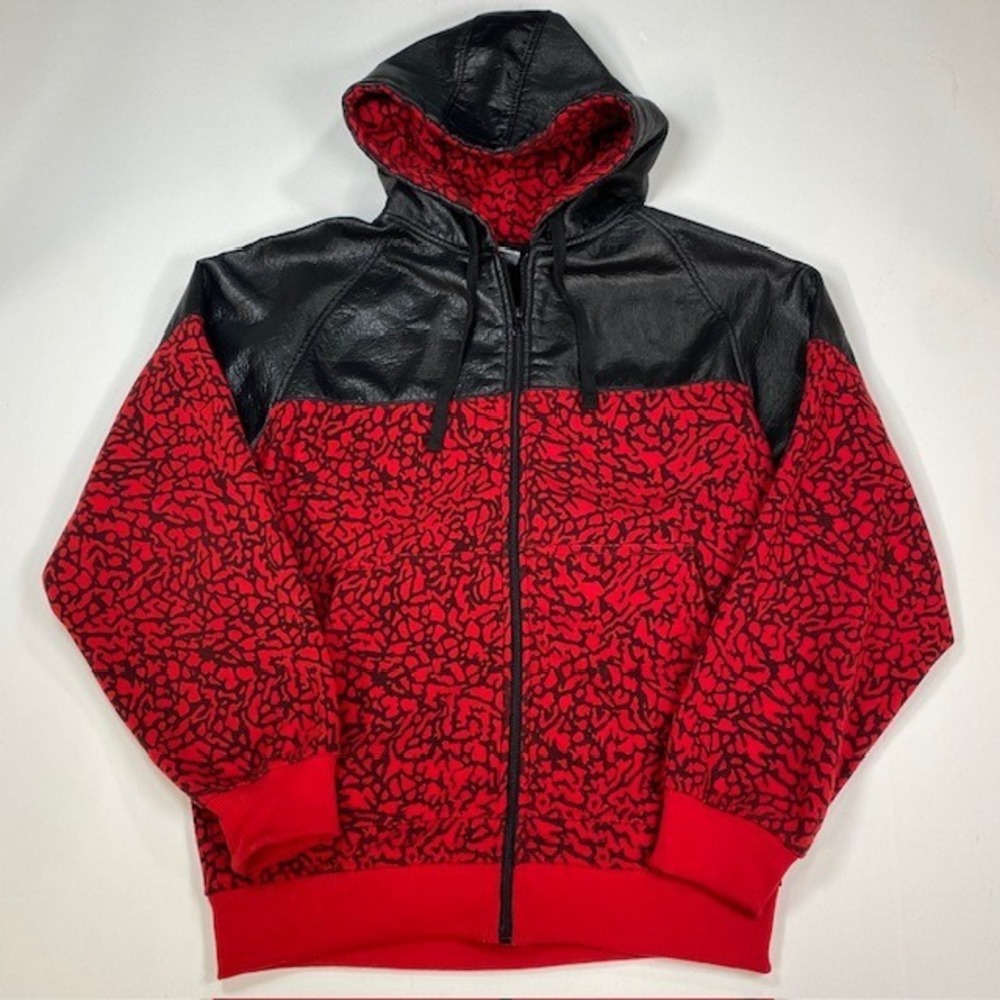 BTL‎ Mens Elephant Print Full Zip Hoodie Red Black Faux Leather Accents Size M